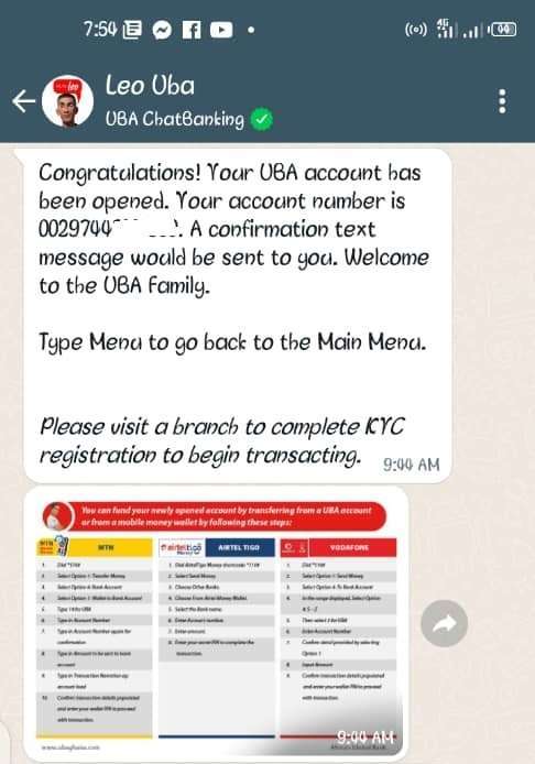 congratulations message  - Create Uba Account