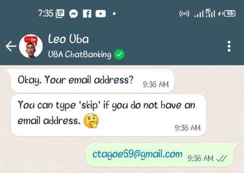  email address - How to Open UBA Bank account on WhatsApp