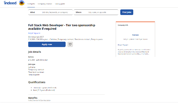 Full Stack Web Developer - uk work visa sponsorship jobs